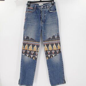 Women's Blue Pattern-Panel Jeans